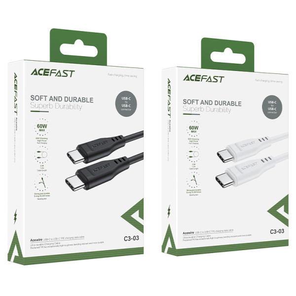 Кабель ACEFAST C3-03 Type-C до Type-C 3A, 60W, 1,2 м, TPE, TPE-конектори, чорний