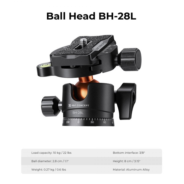 Штатив K&F Concept для фото и видео A234A1+BH-28L, max 10kg, h 160cm (KF09.099V1)