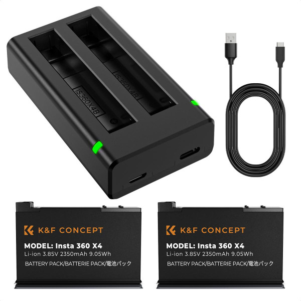 Набор K&F Concept для Insta360 X4 — 2 аккумулятора 2350mAh + двухканальное быстрое зарядное устройство с LED-индикаторами (KF28.0050)