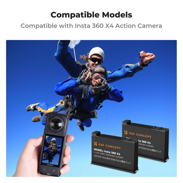 Набор K&F Concept для Insta360 X4 — 2 аккумулятора 2350mAh + двухканальное быстрое зарядное устройство с LED-индикаторами (KF28.0050)