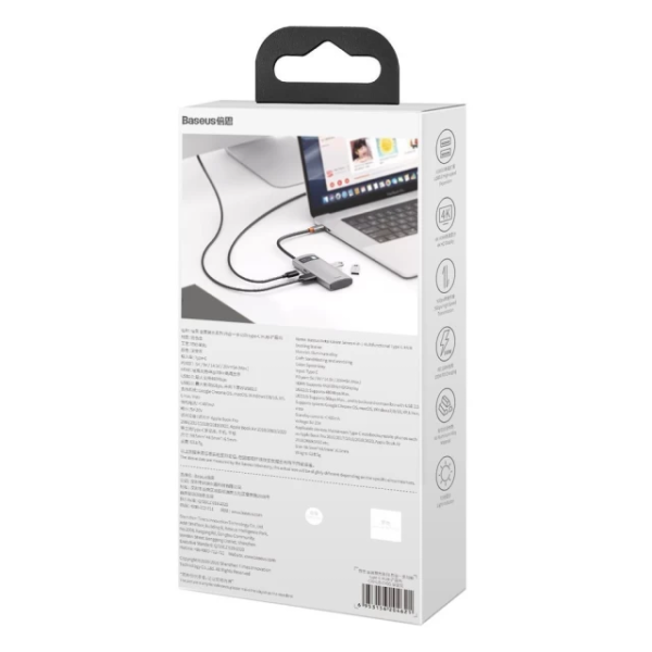 USB-хаб Baseus Metal Gleam Series 4-в-1 багатофункціональний хаб Type-C — док-станція сірого кольору（Type-C до HDMI*1+USB3.0*1+USB2.0*1+PD*1）