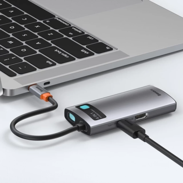 USB-хаб Baseus Metal Gleam Series 4-в-1 багатофункціональний хаб Type-C — док-станція сірого кольору（Type-C до HDMI*1+USB3.0*1+USB2.0*1+PD*1）