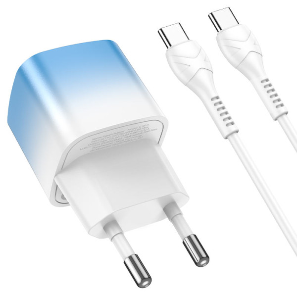 Сетевое зарядное устройство с кабелем HOCO C101A single port PD20W charger set (Type-C to Type-C) Ice Blue