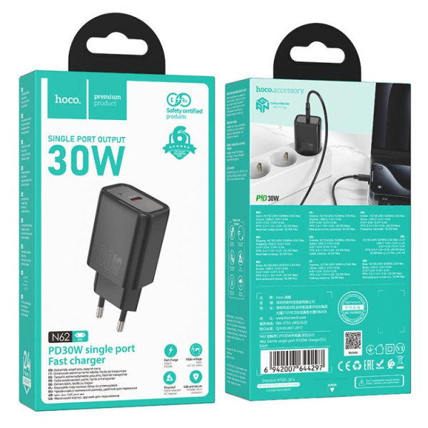 Сетевое зарядное устройство HOCO N62 Gentle single port PD30W charger (EU) Black