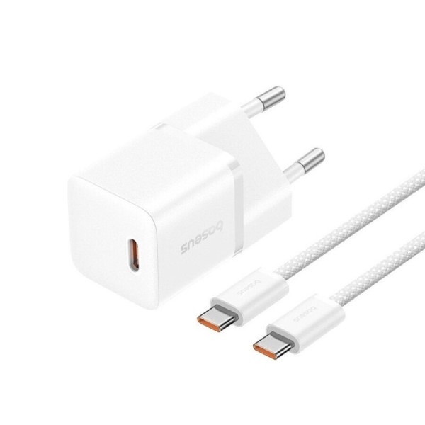 Мережевий зарядний пристрій з кабелем Baseus GaN5 Fast Charger(міні) 1C 20W ЄС Moon White(У комплекті: кабель даних для швидкої зарядки Type-C)
