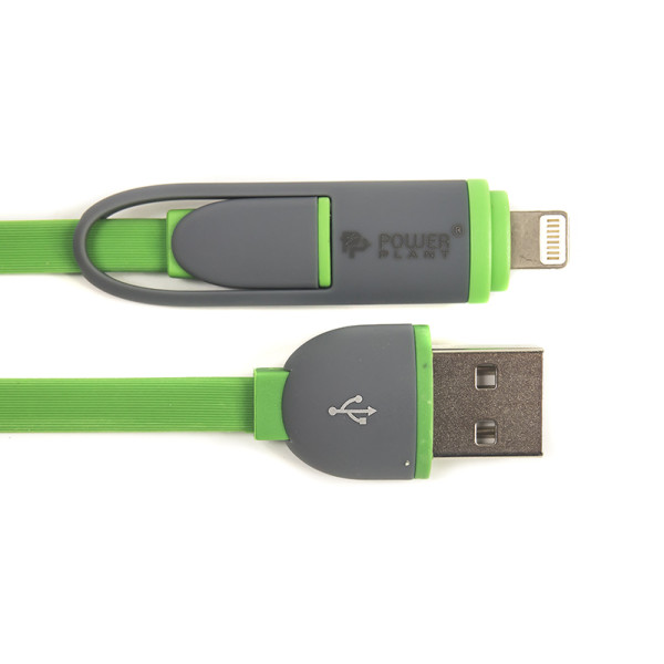 Кабель PowerPlant Quick Charge 2A 2-в-1 плоский USB 2.0 AM – Lightning/Micro 2 м зелений
