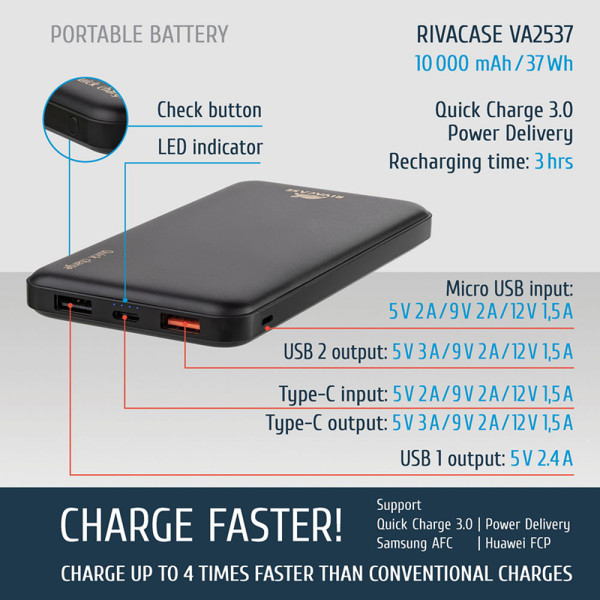 Универсальная мобильная батарея RIVACASE VA2537 QC/PD 10000mAh