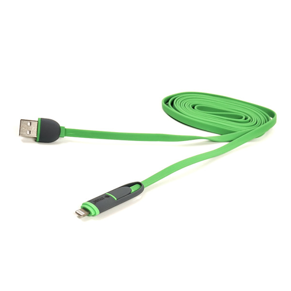 Кабель PowerPlant Quick Charge 2A 2-в-1 плоский USB 2.0 AM – Lightning/Micro 2 м зелений