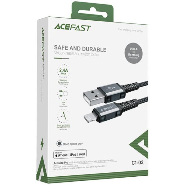 Кабель ACEFAST C1-02 USB to iP 2.4A, 1.2m, nylon, aluminum connectors, Gray