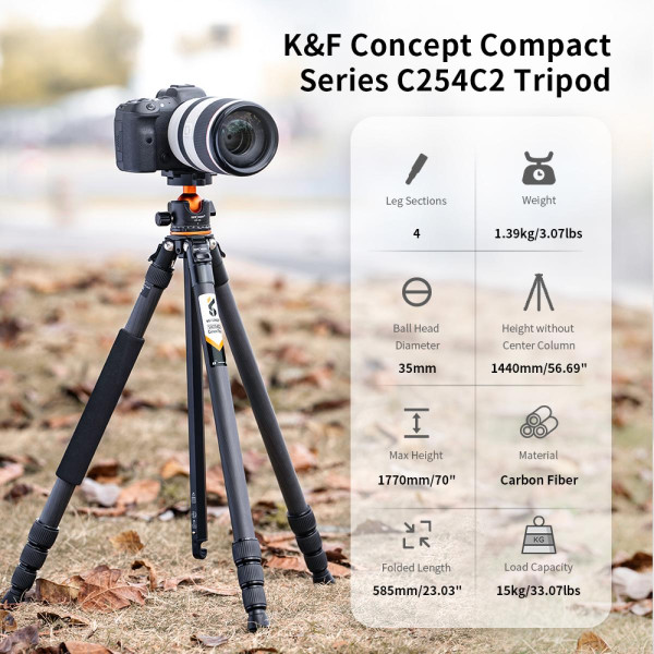 Штатив карбоновый K&F Concept A254C4+BH-35L, max 15кг, h 177см (KF09.098)