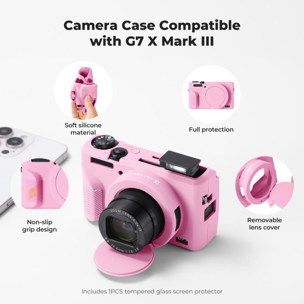 Силіконовий захисний чохол K&F Concept для Canon G7 X Mark III — із захисним склом для екрана, протиударний, рожевий (KF31.229)