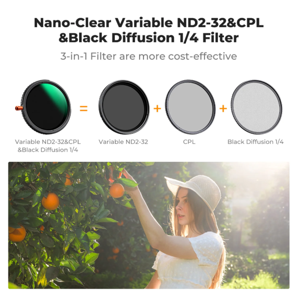 Светофильтр 3-в-1 K&F Concept 82 мм ND2-32 + CPL + Black Mist 1/4 VND 1–5 стопов, киноэффект, Nano-C (KF01.2070)