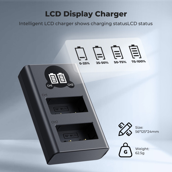 Зарядное устройство K&F Concept Dual Slot LCD Charger for Fujifilm NP-W126 / NP-W126S Batteries (USB-C + Micro USB) (KF28.0106)