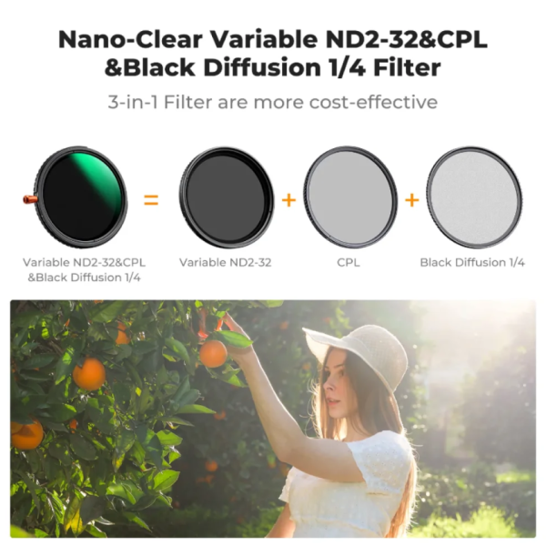 Світлофільтр 3-в-1 K&F Concept 67 мм ND2-32 + CPL + Black Mist 1/4 VND 1–5 стопів, кіноефект, Nano-C (KF01.2067)