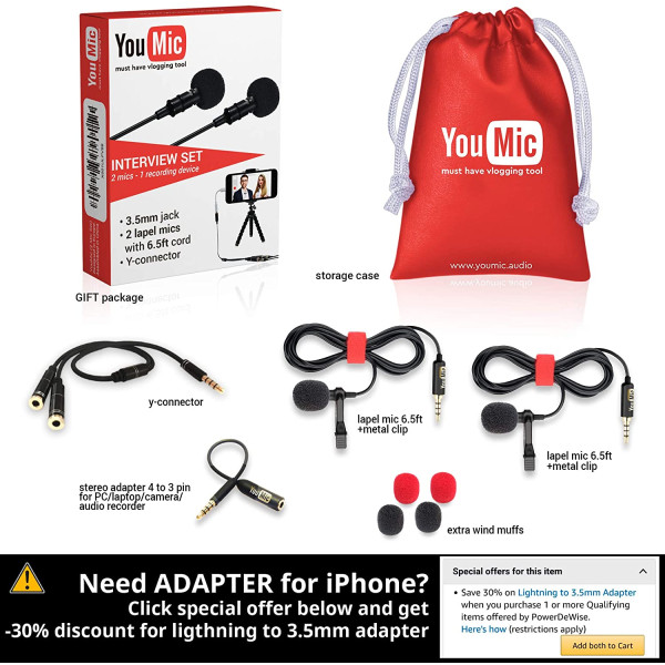Подвійний петличний мікрофон LAVALIER LAPEL YouMic