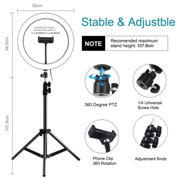 Кільцеве світло зі стійкою Puluz PKT3056B Ring Light 30см (25W)