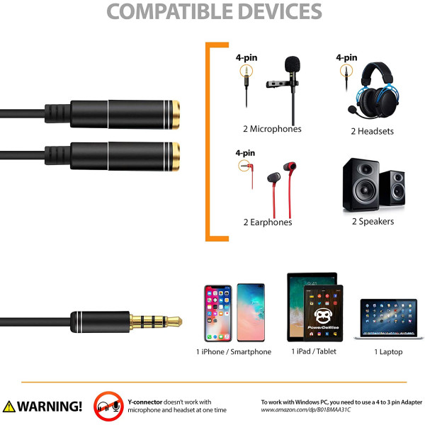 Разветвитель для наушников PowerDeWise - Y-Splitter c 2 микрофонами